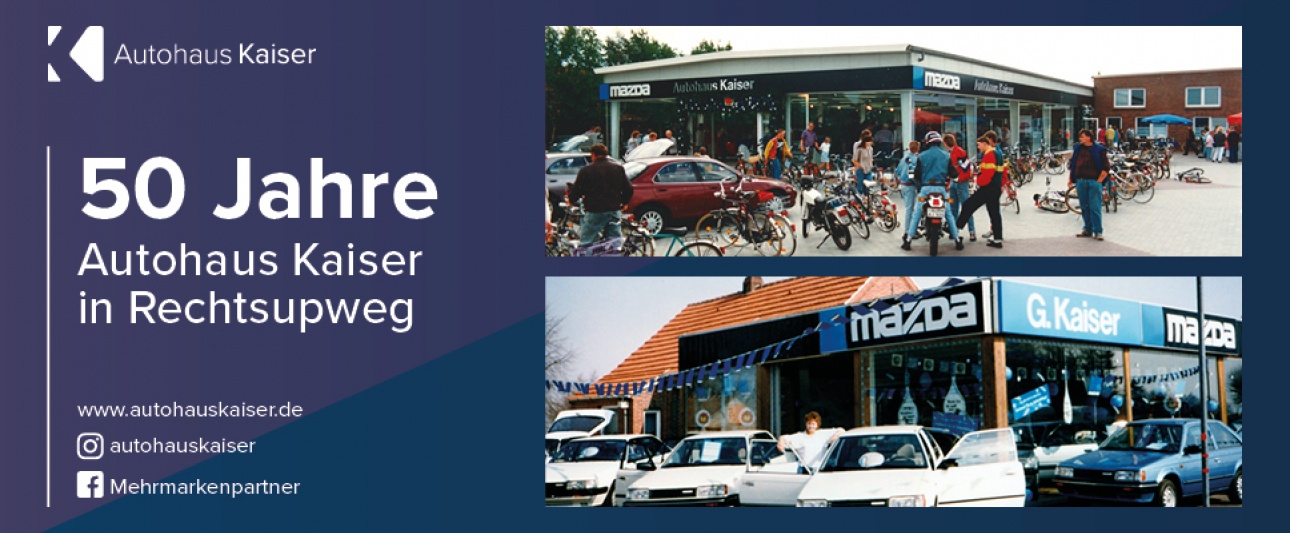 Banner 50 Jahre Autohaus Kaiser mit zwei Bildern aus der Anfangszeit vom Autohaus